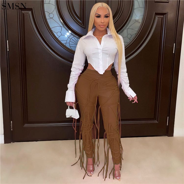 S / Khaki Latest Design Solid Color Fringed Zipper Leather Pants Casual Pants For Women