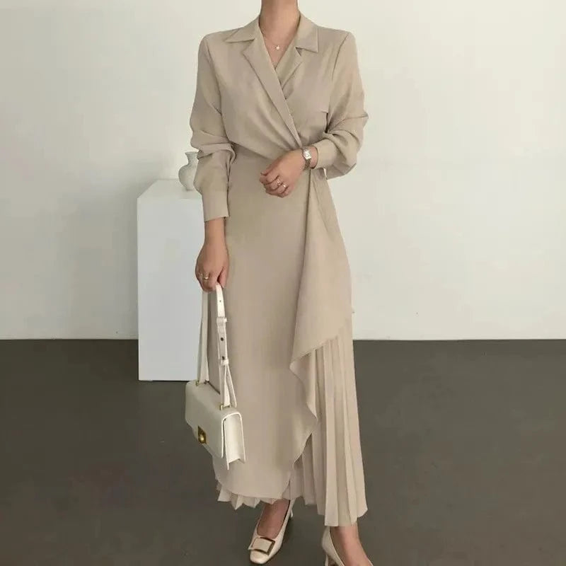 S / Khaki New Arrival Spring French Elegant Suit Collar Irregular Pleated Design Lace Up Waist Long Sleeve Dress