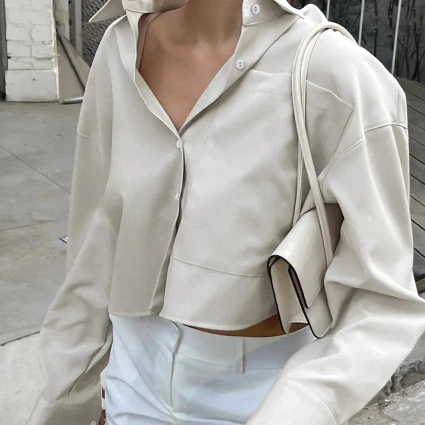 S / Khaki New Fashion Foreign Trade Autumn Khaki Lapel Long Sleeve Commuter Short Crop Ladies Temperament Shirt