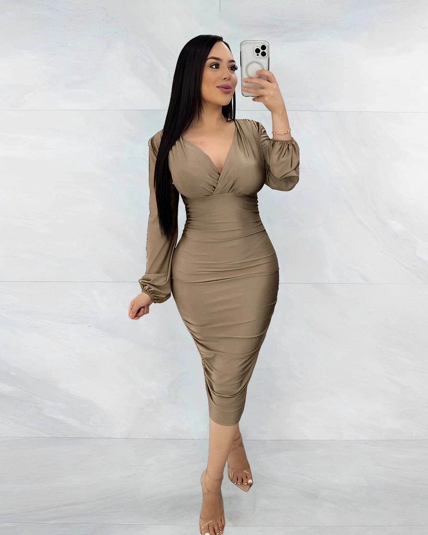 S / Khaki New Fashion Women Europe Sexy Lady Cross V-neck Fashion Pleated Dress Long Sleeve Women's Slim Evening Party Pencil Casual Dress