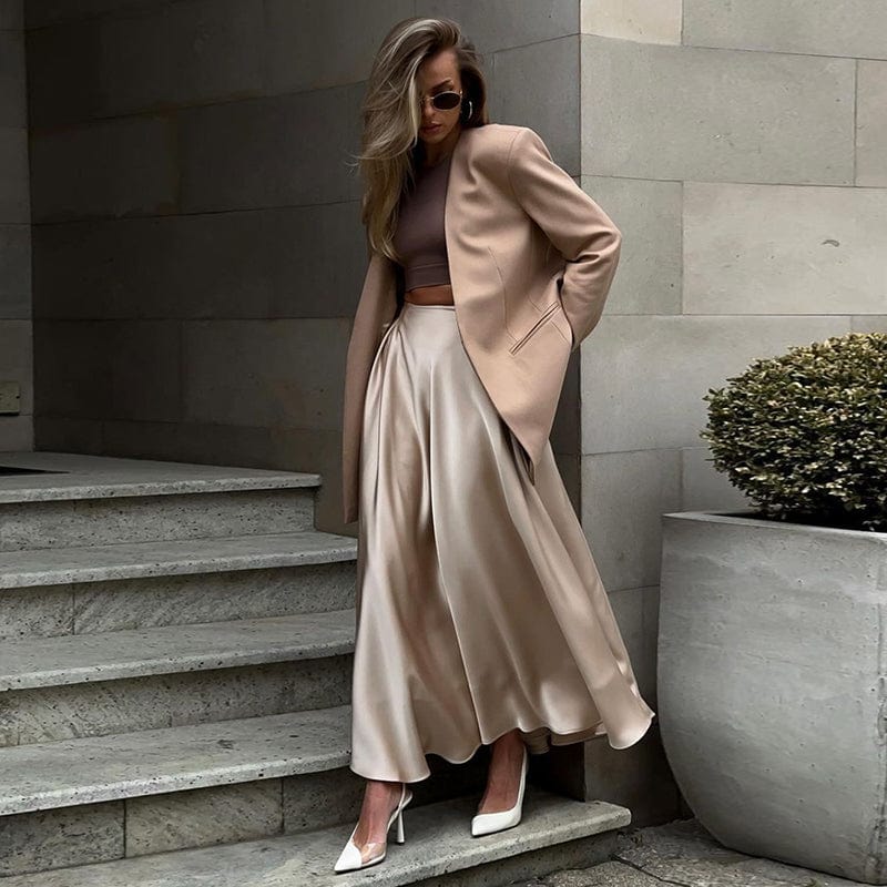 S / Khaki Newest Stylish Women Skirt Elegant Satin Luxury Temperament High Waisted A-line Long Maxi Skirts Office Ladies Casual White Jupe