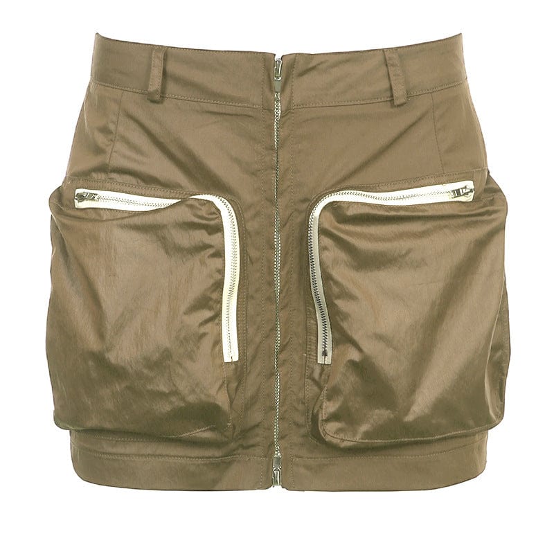 S / Khaki OUDINA Trendy Wholesale Solid Color High Waist  Big Pocket Zipper Sexy Mini Cargo Short Skirts For Women Skirt