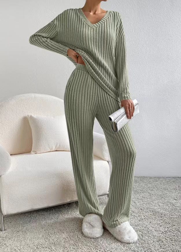 S / Khaki PDEP autumn and winter new two piece set casual straight wide leg pant and long sleeve top lounge wear pajamas sets for women