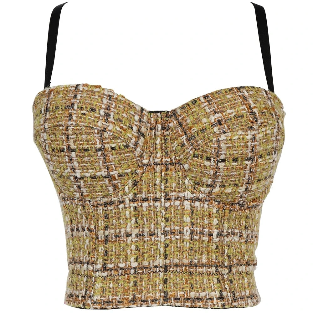 S / Khaki The latest design trend  Prom Plaid fresh bra women's vest corset bra bustier