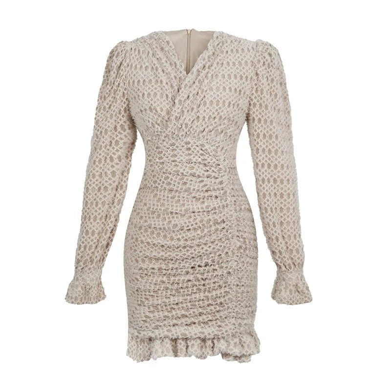 S / Khaki ZYHT 40198 Cross V Neck Bell Sleeve Ruffle Edge Straight Dress High Waist fringed Plaid Knitted Mini Dress