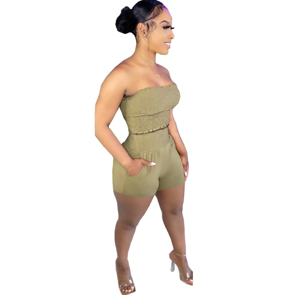 S / L286627-2 Casual Elastic Bandeau Wrapped Top Two Piece Short Set