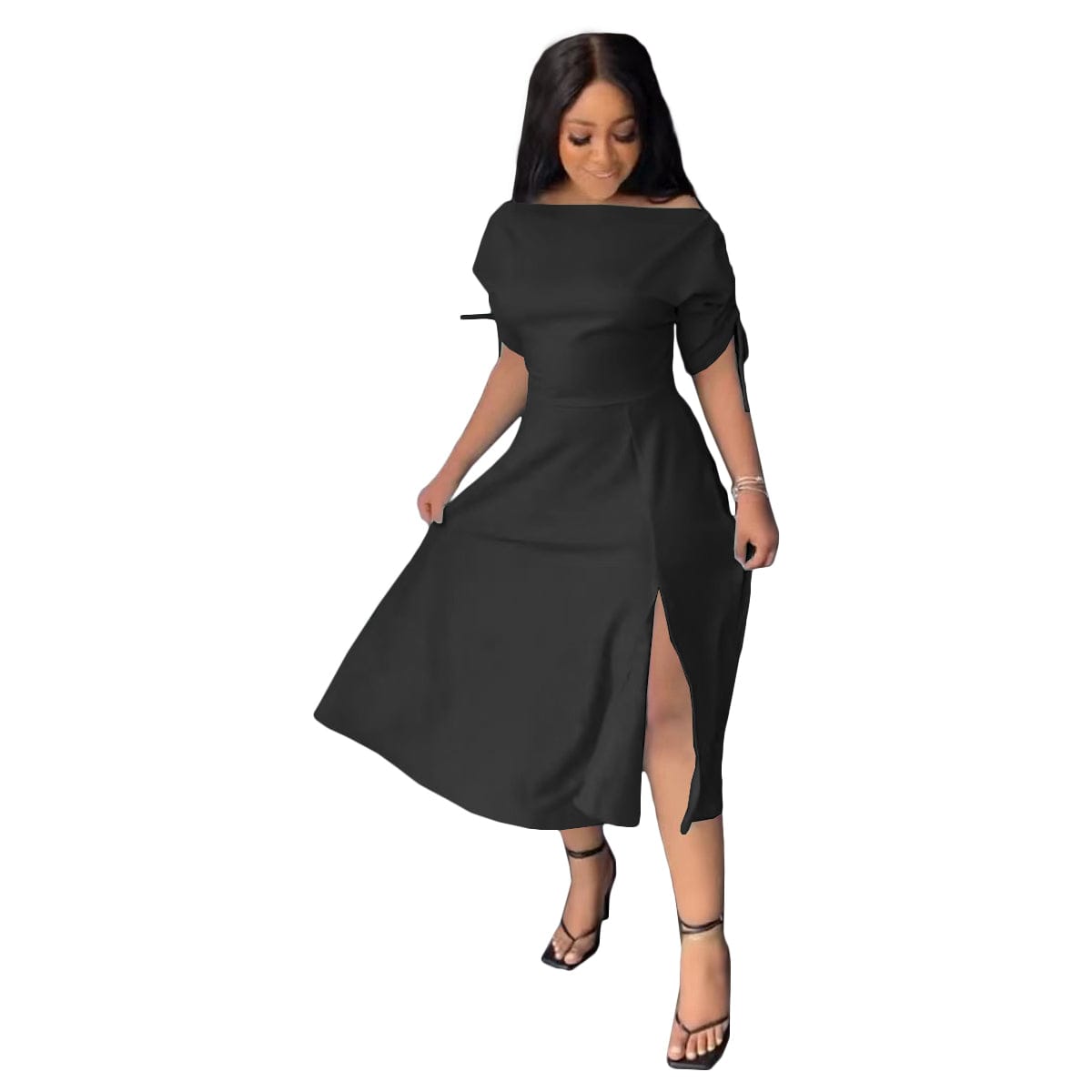S / L36919-2 Black Solid Color Off Shoulder Split Swing Dresses