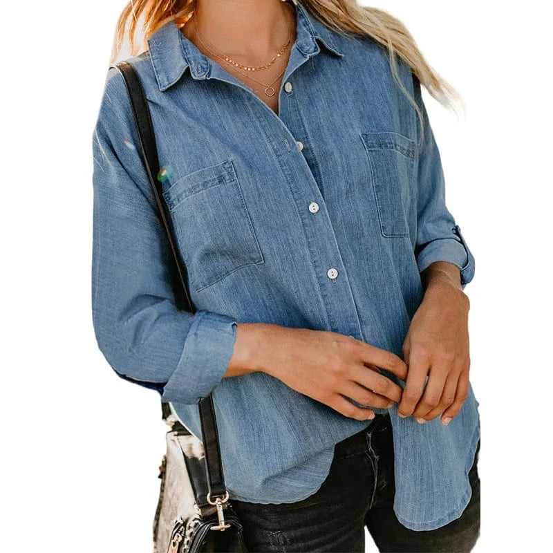 S / Lake Blue 2023 Women's Denim shirt Spring and Autumn New loose Double pocket Long sleeve All-match Casual Coat shirt