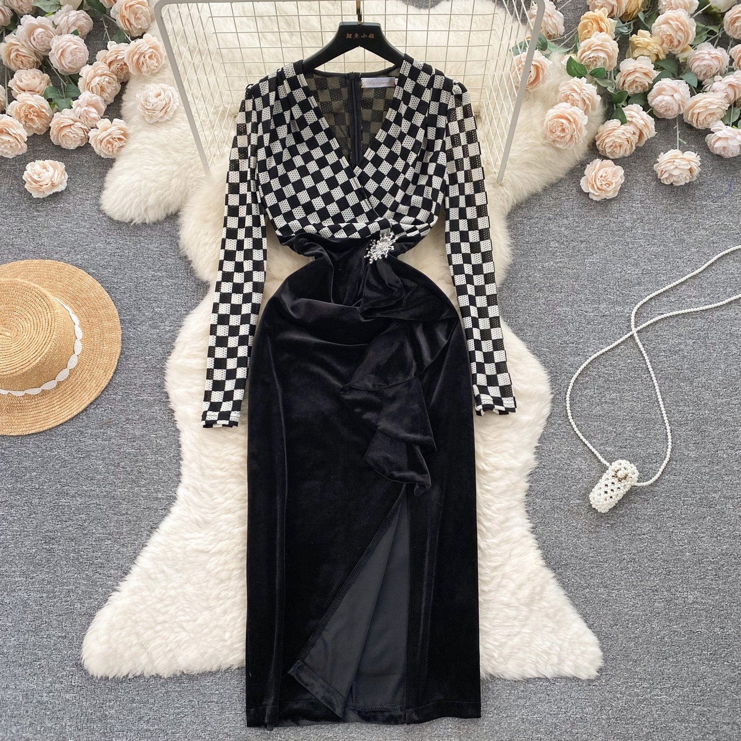 S / lattice Fall Romantic Slit Sheath Midi Dress For Women Empire Patchwork Mesh Dresses Ladies Elegant Dresses Clothes Women