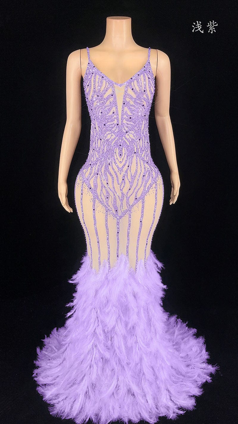 S / Lavender NOVANCE evening dresses 2023 ball gown shiny diamonds gray feather dress with feathers vestidos elegantes para mujer for evening