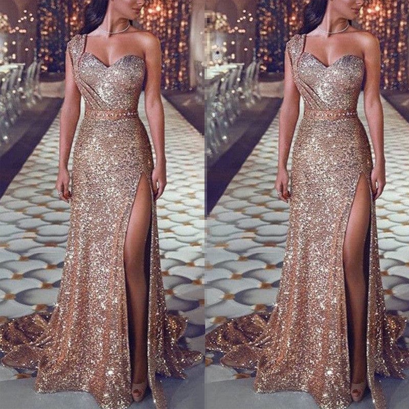 S / LF1904 gold One Shoulder Sleeveless Split Maxi Bridal Gowns Wedding Vestido Dress De Gala Vintage Dress Habit Pour Femme Evening Dresses
