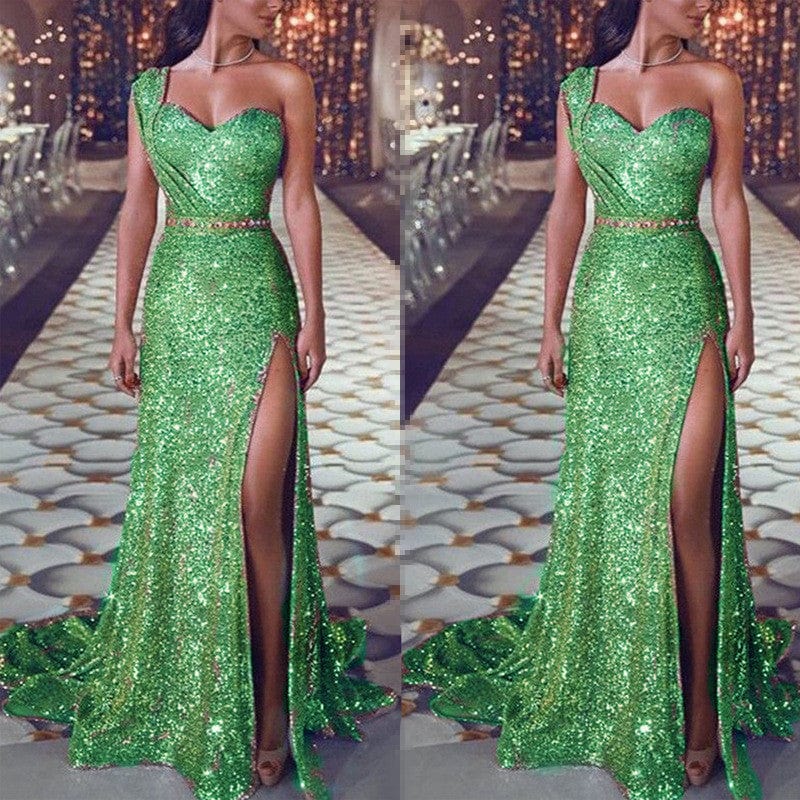 S / LF1904 green One Shoulder Sleeveless Split Maxi Bridal Gowns Wedding Vestido Dress De Gala Vintage Dress Habit Pour Femme Evening Dresses