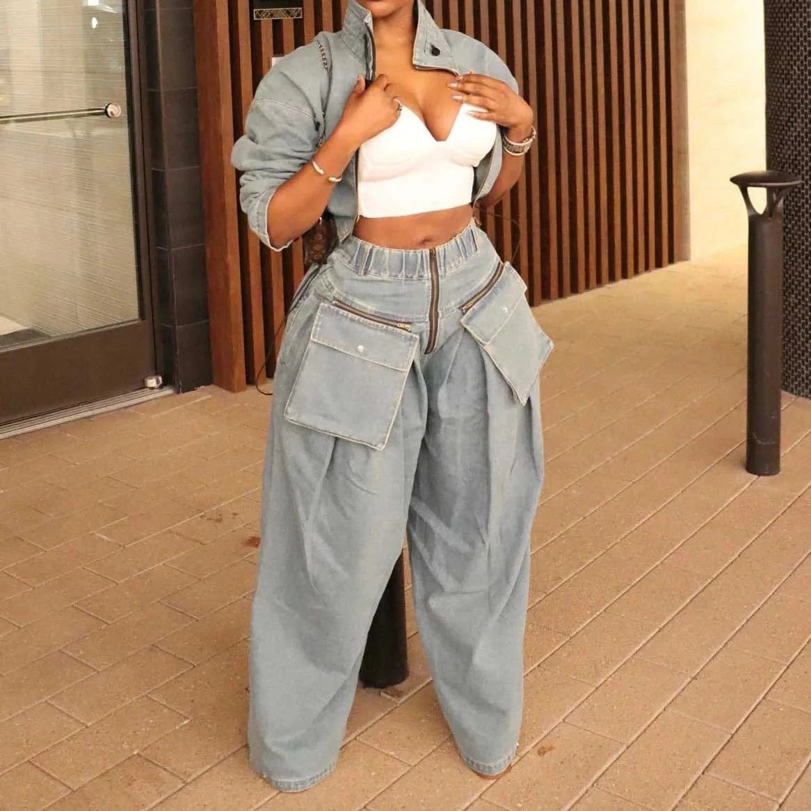 S / Light Blue Denim Cargo 2 Piece Set Women Stand Collar Long Sleeve Zip Jeans Jackets Crop Top Pockets High Waist Wide Leg Pants Suits