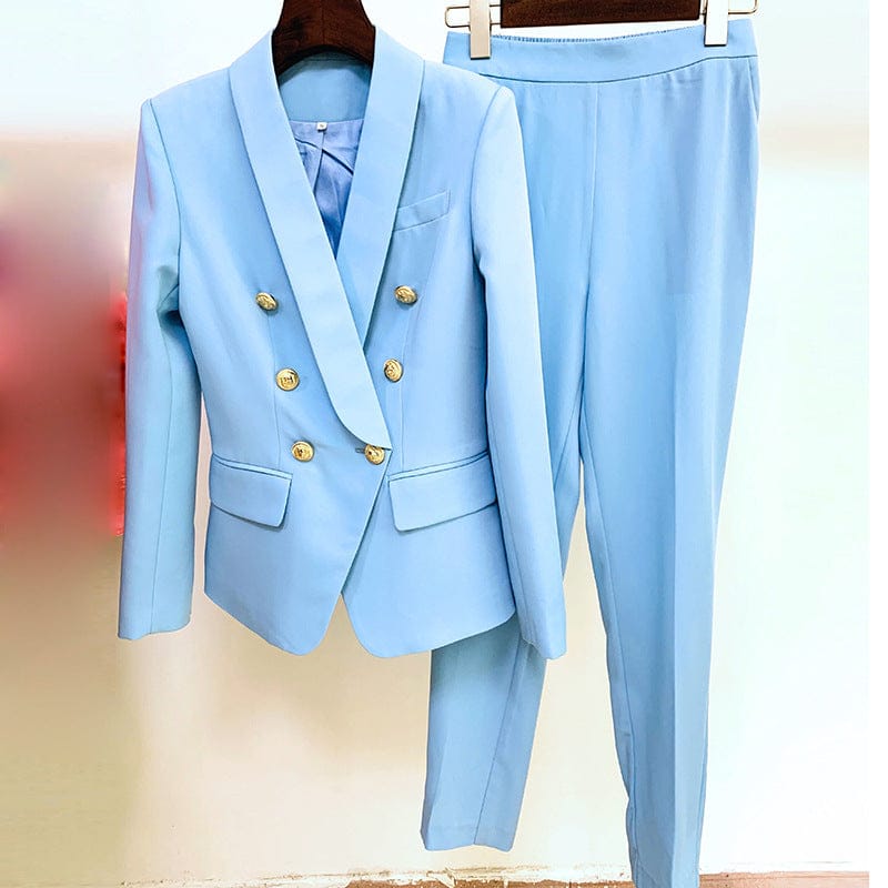 S / Light Blue Fashion ladies blazer trouser pant 2 two piece set office formal business suits set for women