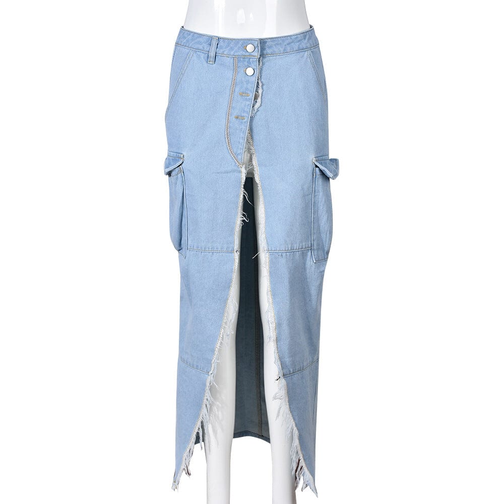 S / Light Blue GX9150 Wholesale 2023 Women's spring autumn new fashion personality washable pocket high slit jeans denim long skirt