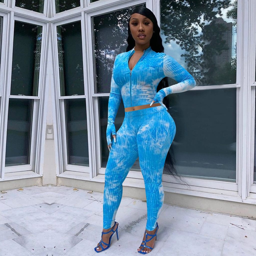 S / Light Blue New Women Clothing Ins Style Womens Pit Ribbed Tie-dye Printed Casual Long Sleeve Zipper Bodycon 2 Pieces with Gloves