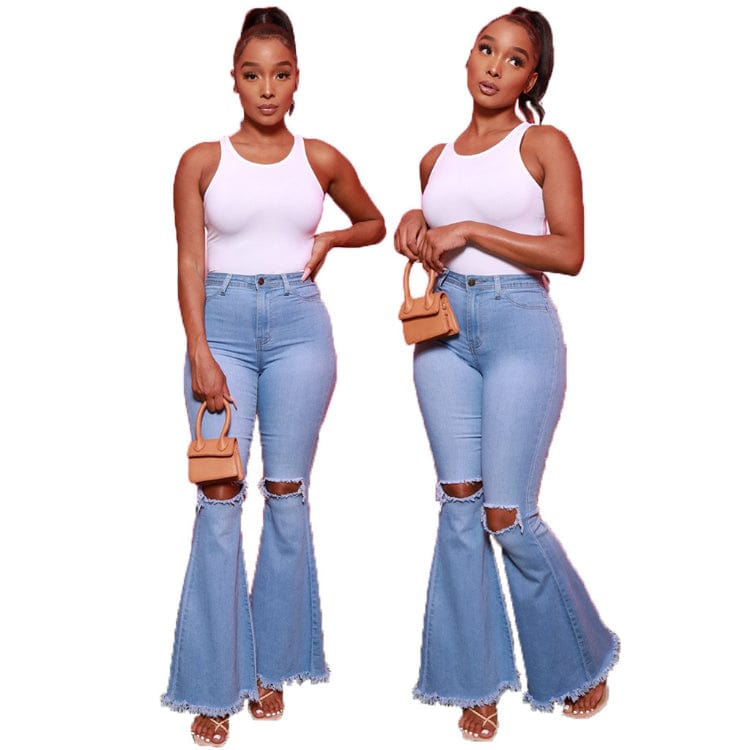 S / Light Blue Plus Size Jeans Woman High Waist 2023 New Denim Trousers Water Wash Versatile Women's Denim Flare Pants Lady Bell Bottom Jeans