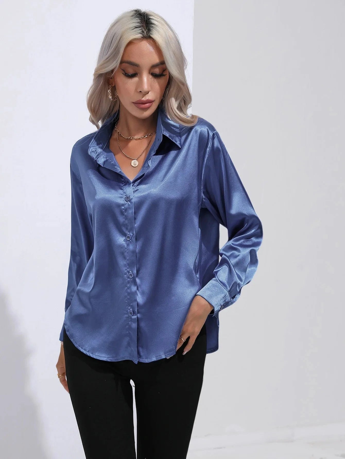 S / Light Blue Satin shirt Women's satin silk Long sleeve shirt Spring and Summer New Solid color shirt