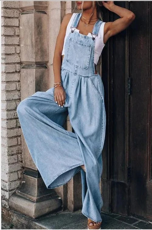 S / Light Blue Summer New Wholesale Hot Selling Women's Loose Side Pockets Fashionable Sleeveless Denim Strap Pants