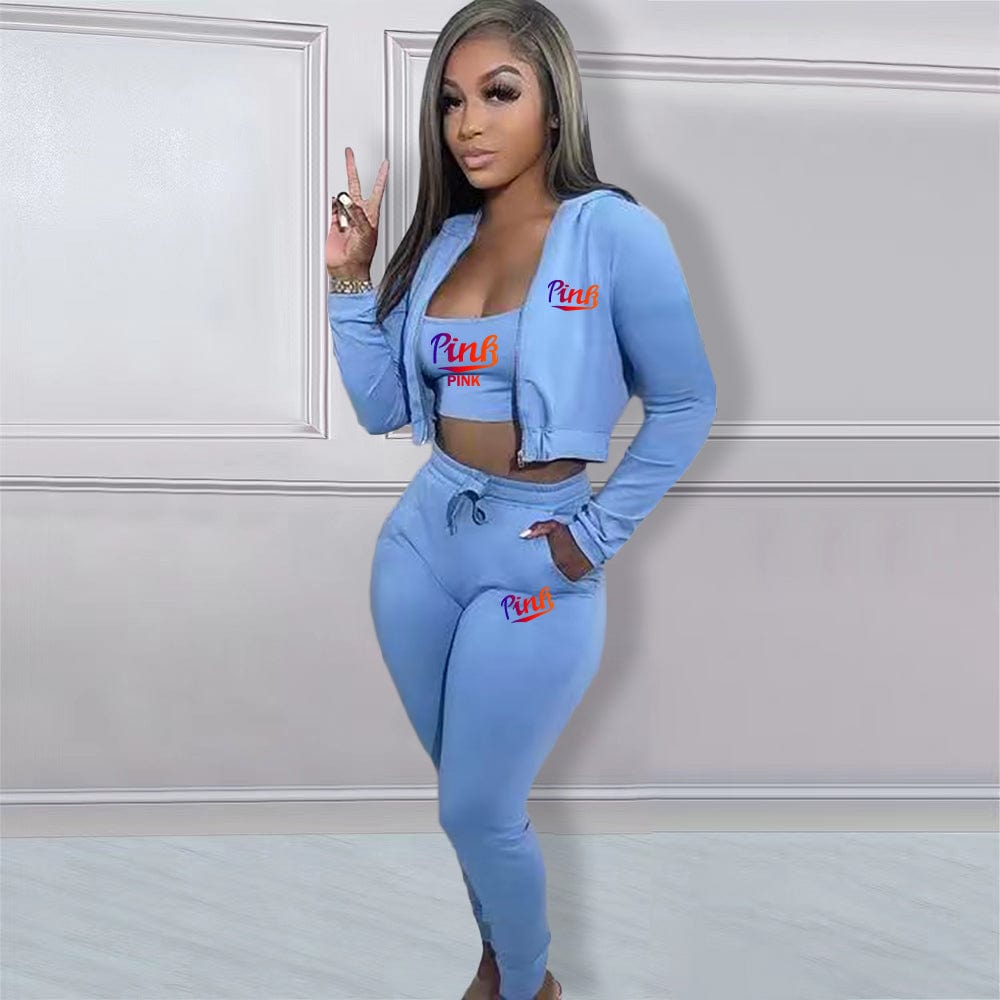S / Light Blue Trendy Women Clothes Casual Print Gradient Patchwork Sweatsuit Hooded Collar Long Sleeve Three Pieces