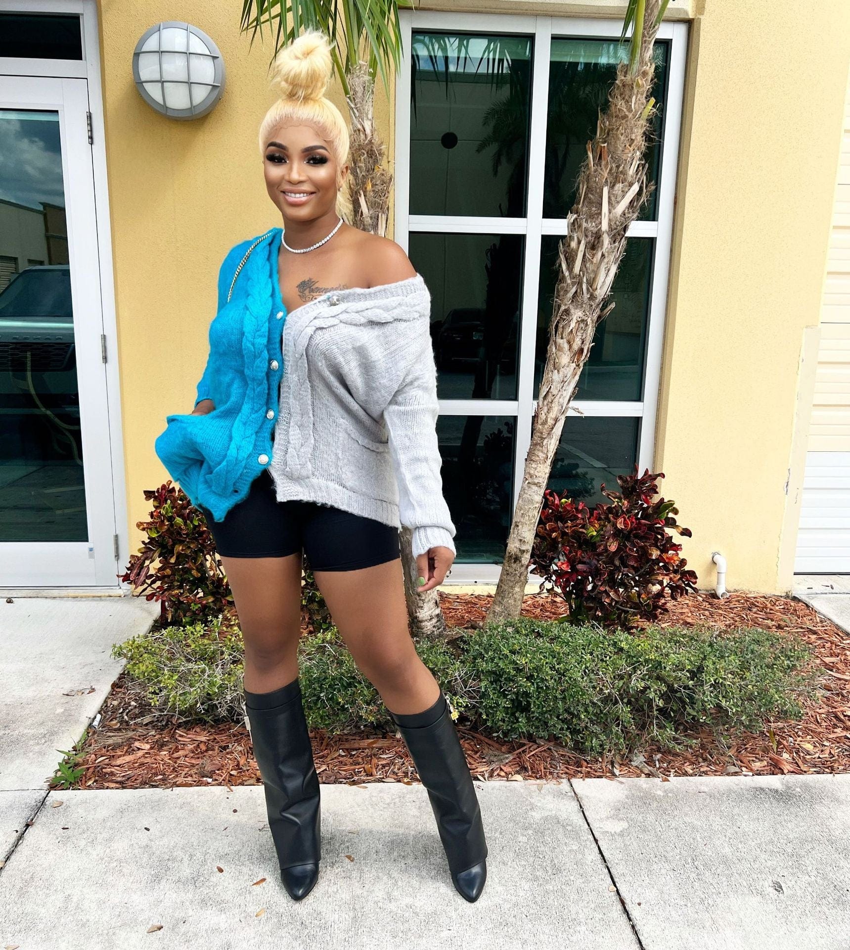 S / Light Blue Trendy Women Clothes Casual Solid Contrasting Color Stitching Hand Knitted Sweater Cardigan with Pocket