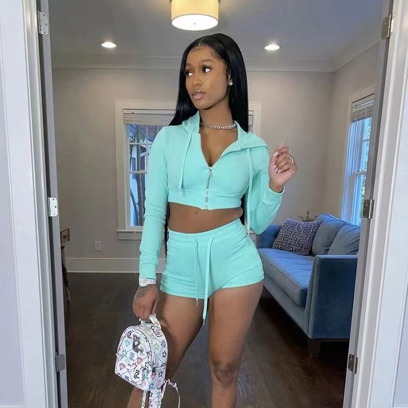 S / Light Blue Two Piece Pant Set  Knit Two Piece Outfits Summer Crop Hoodie Jacket Tops Shorts Tracksuit Sets