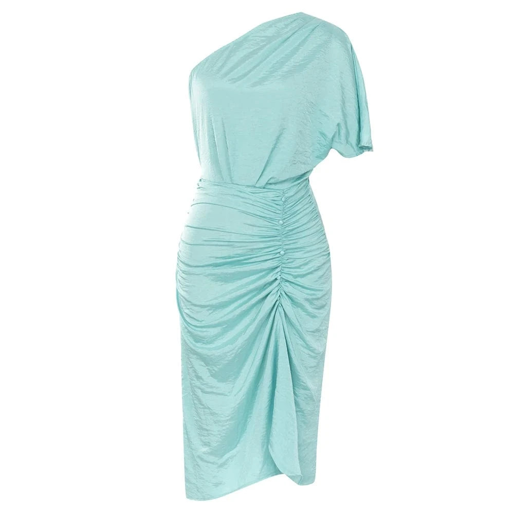 S / Light Blue WBH0313 Fashion Evening Dress Single Shoulder Pleat Button High Quality Slim Party Vestidos Summer Daily Elegant Woman Dresses