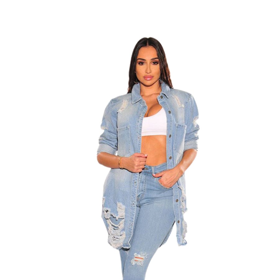 S / Light Blue Women's Casual Distressed Ripped Single-breasted Long Denim Jacket