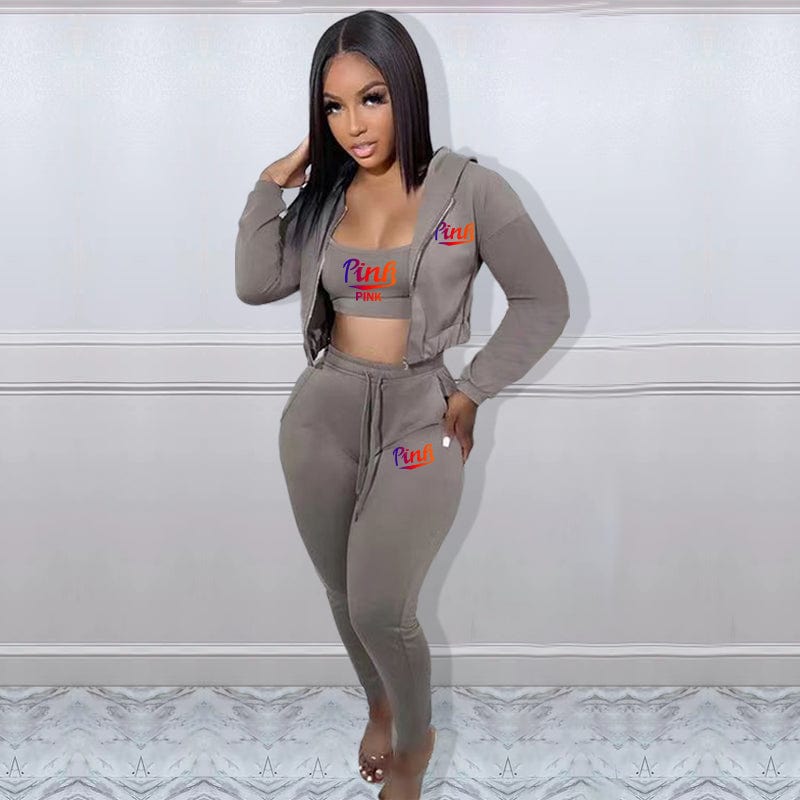 S / light coffe Trendy Women Clothes Casual Print Gradient Patchwork Sweatsuit Hooded Collar Long Sleeve Three Pieces