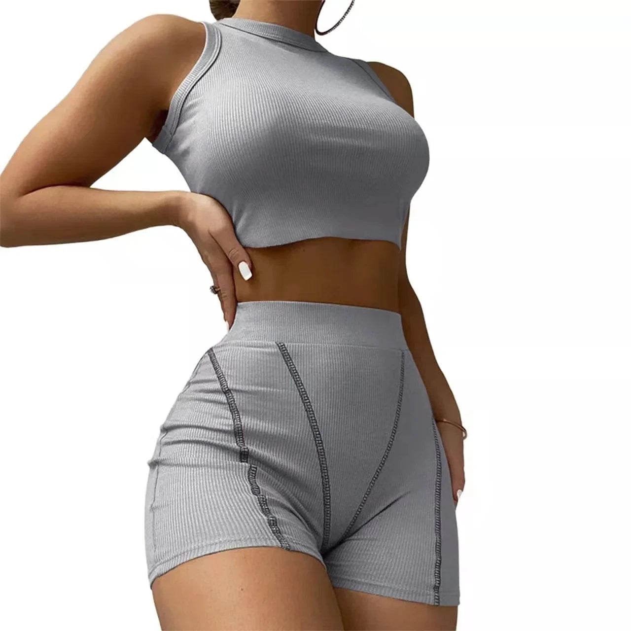 S / Light gray 2022 INS Hot Ribbed Stretchy Fabric Crew Neck Crop Top and Shorts Pants Outfit Women Casual Two Piece Set