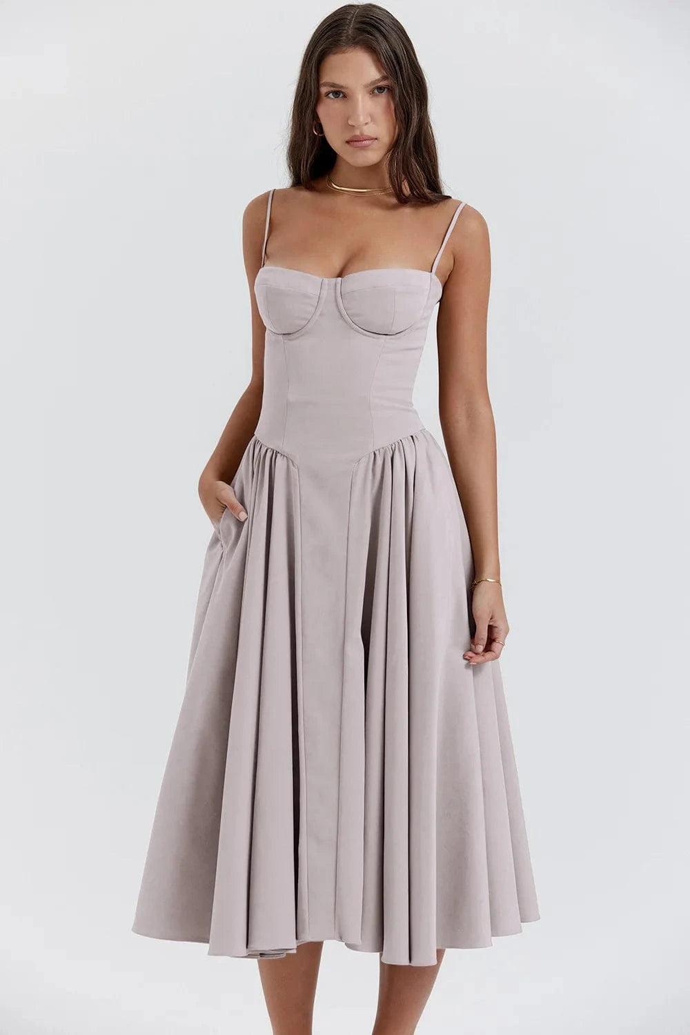 S / Light gray Summer New style suspender dress French retro Long skirt Solid color Printing wearing suspender Dress women