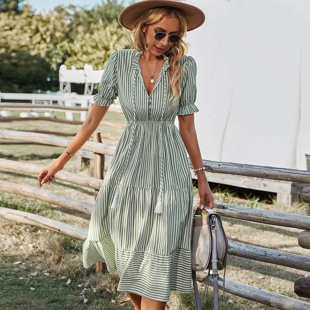 S / Light green Women's Summer Clothing 2023 New Hot Style Printed Fashion Loose Elegant Striped Short-Sleeved V-neck Dress