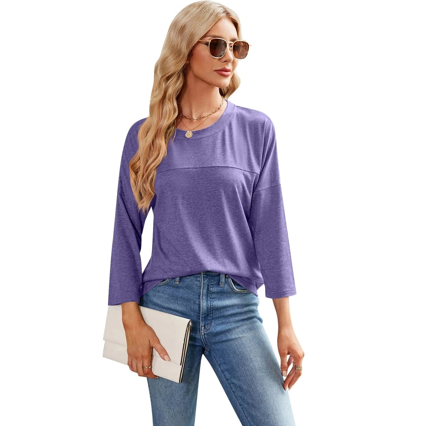 S / Light purple 2023 European and American Autumn and Winter new Solid color Women's casual Seven-quarter sleeve round neck loose T-shirt
