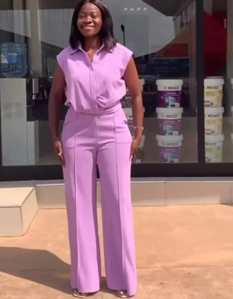 S / Light purple Liu Ming Spring Summer 2024 Women Casual Short Sleeve Shirt Wide Leg Trousers Female Office 2 Piece Set