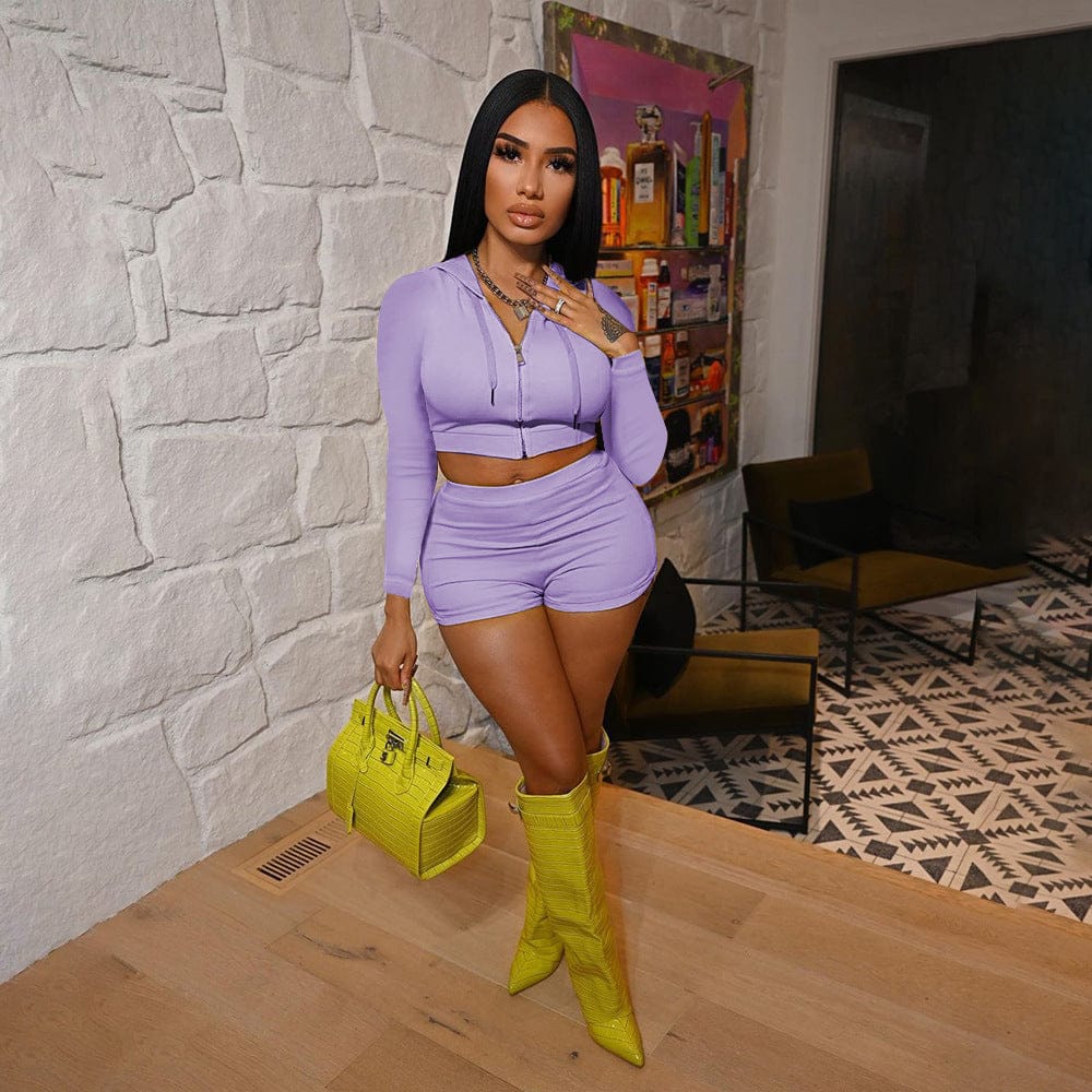 S / Light purple Shareee Clothing 2 Pieces Hoodie Crop Top Sweat Shorts Sets Stretchable Two Piece Set Summer Clothes For Women