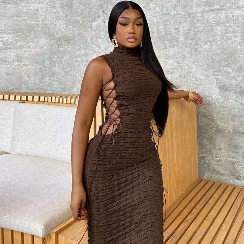 S / long-brown Fashion Round Neck Sleeveless Sexy Short Skirt Side Tie Hollow Long Dress women Slim Hips Bodycon  Dress