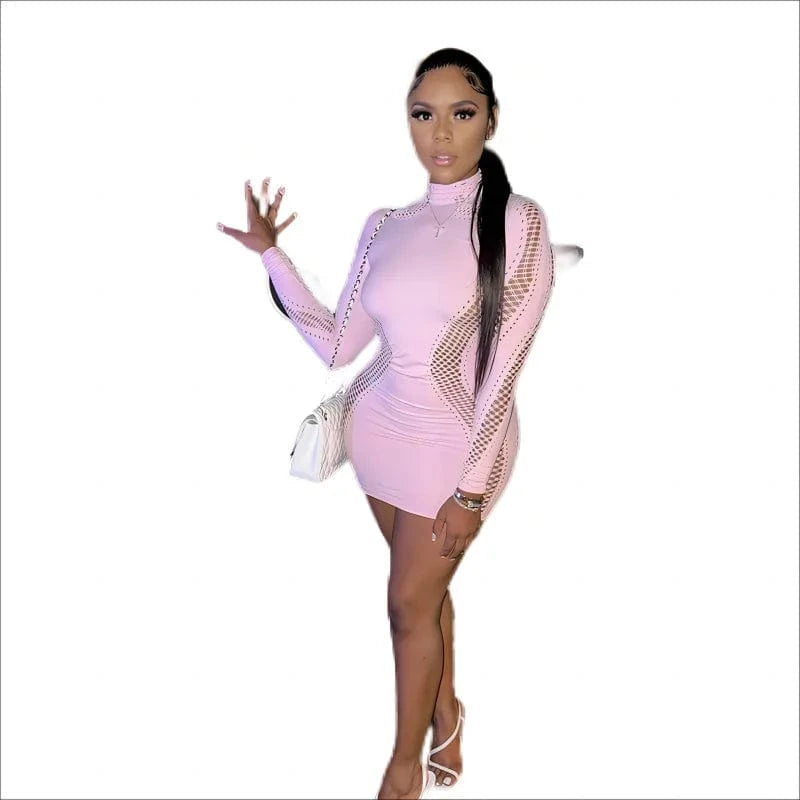 S/M / 23DS122903 Pink CUTENOVA 23DS122903 Trending 2024  Sexy Long Sleeve Mesh Mini Dress Bodycon Club Dresses Women's Dresses