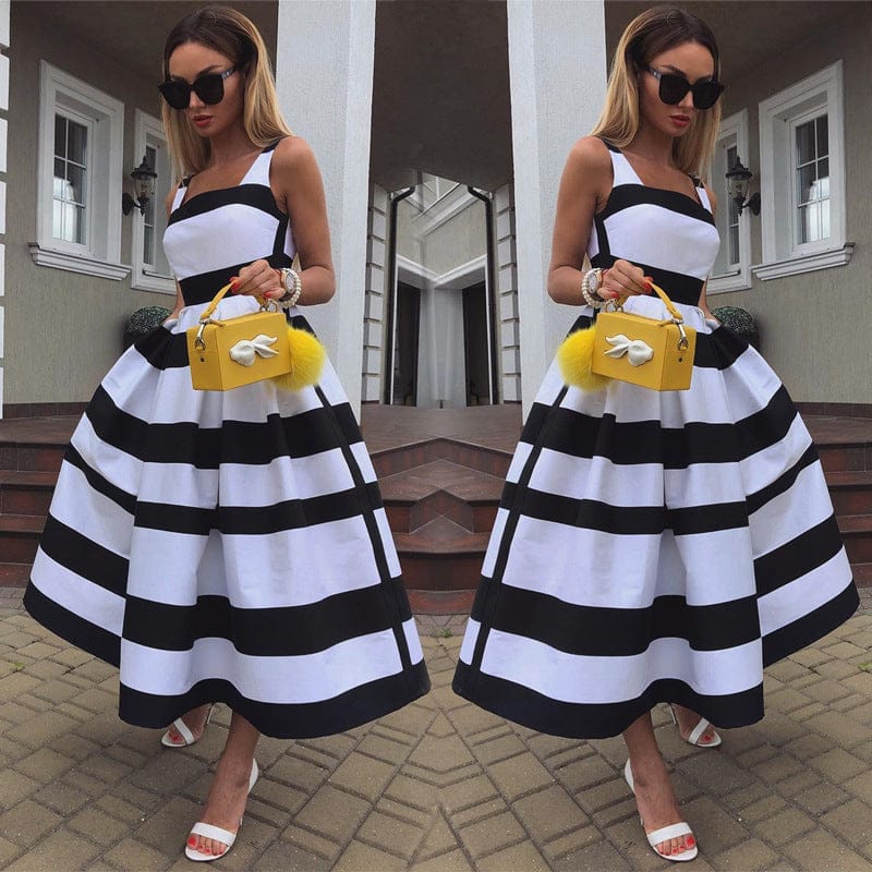 S M L XL New Spring/Summer Women's Fashion Long Dress Sling Striped Party Dress