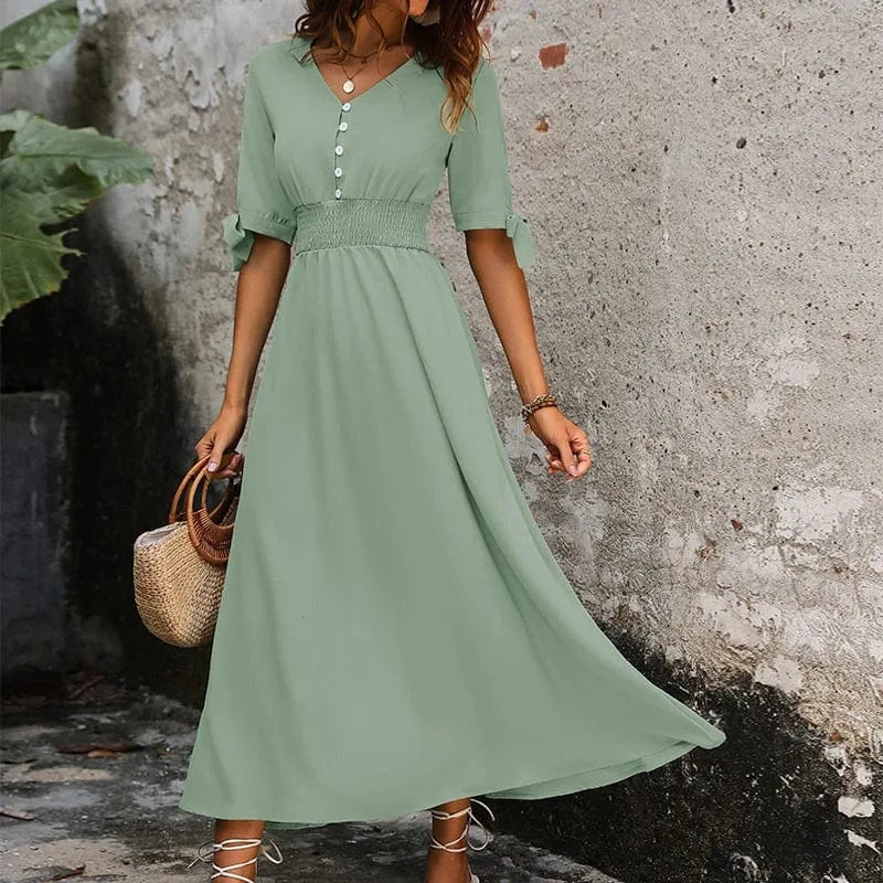 S / MINT Autumn Casual Polyester Long Sleeve A Line  V Neck Empire Waist Maxi Dress For Women