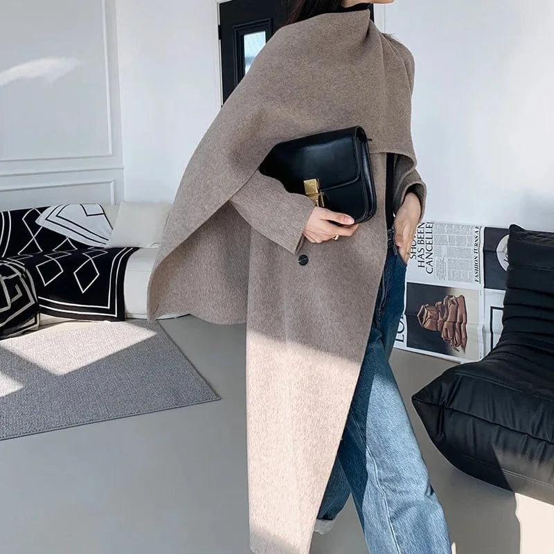 S / Mocca High Quality Oversized Cashmere Coat Winter Elegant Women Wool Coats with Scarf