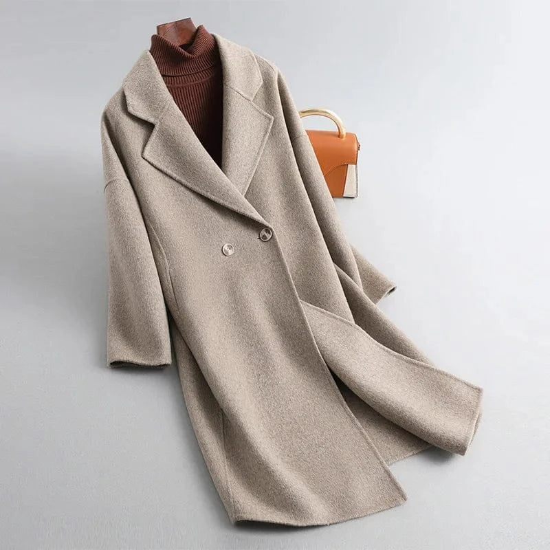 S / Mocca Hot Sale Winter Custom Solid Color Cashmere Coat Turn Down Collar Women Wool Trench Coat