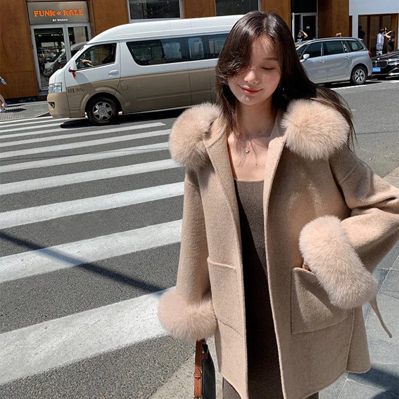 S / Mocca New Design Double Loose Size Wool Coats Women Cashmere Coat With Fur Fox Hood