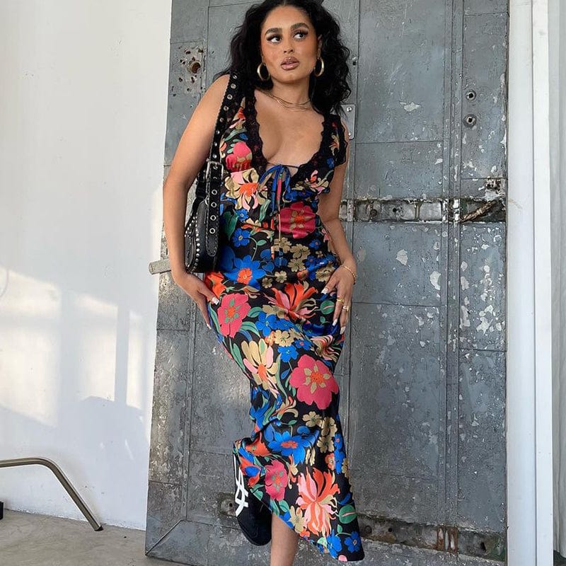 S / multicolor Lygens 2658 Tie Dye Floralprint Lace Deep V Midi Elegant Women Dresses 2023 Summer Casual Evening Party Club American Clothing