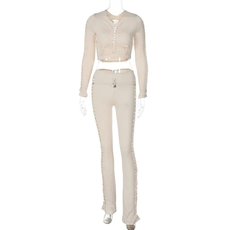 S / MY24ST127 apricot Cutenova MY24ST127 2024  Sexy Girl Hollow Tight Fitting Long Sleeve Club Pant Set Two Piece Set Women'S Sets