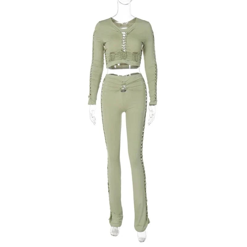 S / MY24ST127  green Cutenova MY24ST127 2024  Sexy Girl Hollow Tight Fitting Long Sleeve Club Pant Set Two Piece Set Women'S Sets