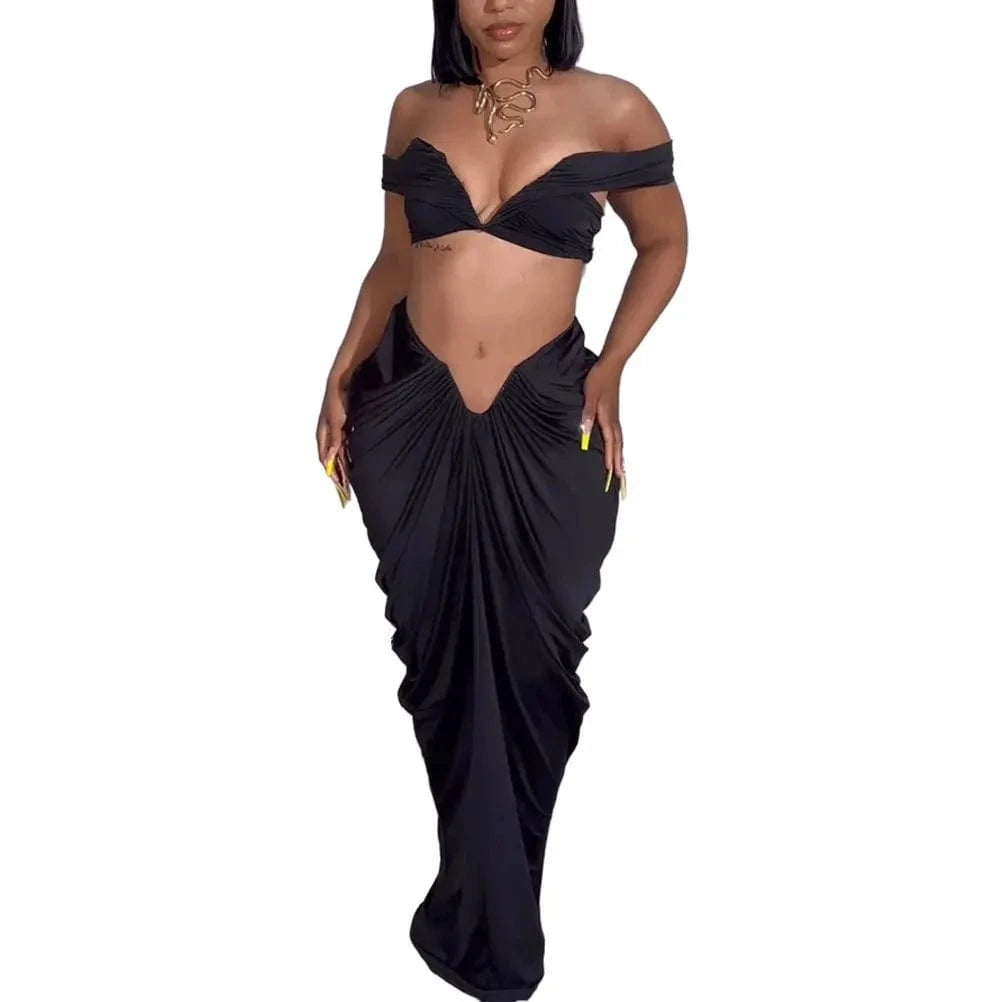 S / MY24ST131  Black CUTENOVA MY24ST131 2024 PU Sexy Slit Leather Club Streetwear Women Skirt Set 2 Piece Women's Sets