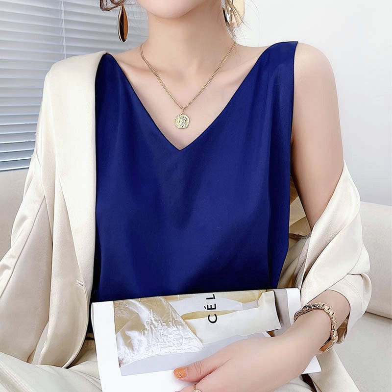 S / NAVY Bclout/QINSI Women'S Summer Camisole Sleeveless Satin Silk Tank Tops Strap Top Women Halter V Neck Basic White Cami