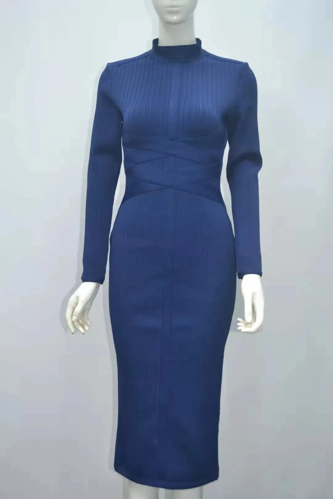 S / NAVY D8755 Women elegant high neck knitted long stretch bandage dress 5 color wholesale evening dress