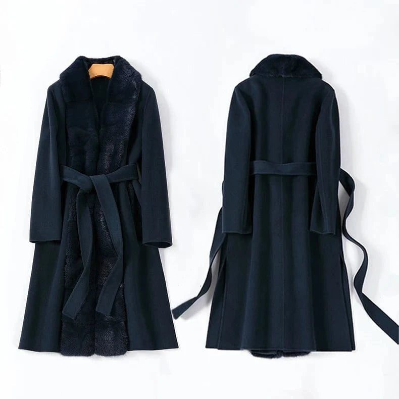 S / Navy Elegant Double Sided Wool Coat Detachable Real Mink Fur Trim Ladies Cashmere Coat
