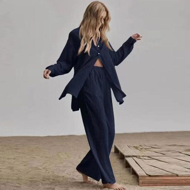 S / NAVY Elegant Loose Women Shirt Trouser Suits Long Sleeve Lapel Shirts And Elastic High waist Pants 2 Pieces Set Fashion Office Outfit